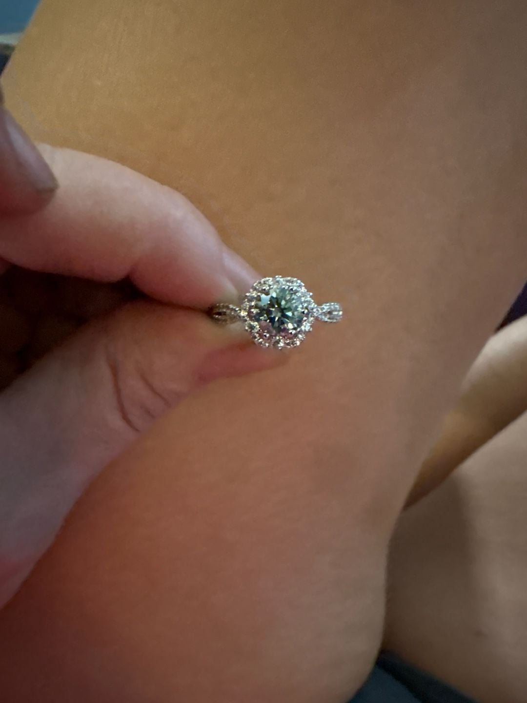 Round Cut Cubic Zirconia Green-Blue Stone Halo Engagement Ring